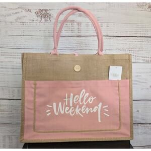 NWT Hello Weekend Burlap Jute Tote Bag- PinkLarge Beach Bag - Boho Eco-friendly